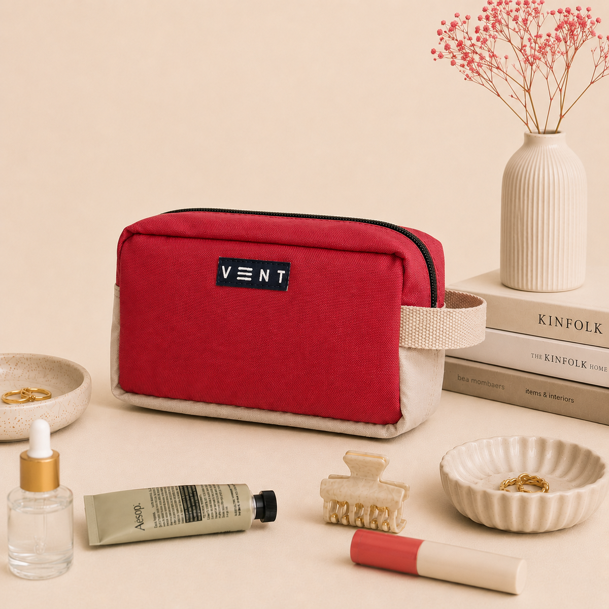 Pink recycled ocean plastic cosmetics and stationery bag