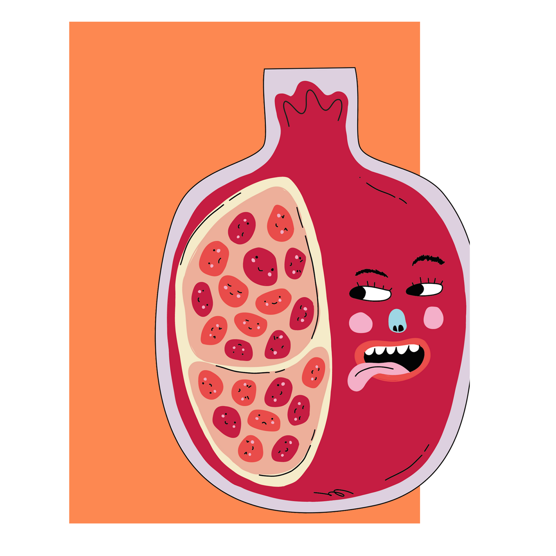 Hey Pomegranate! die-cut greeting card front, cheeky fruit character, sustainably sourced.