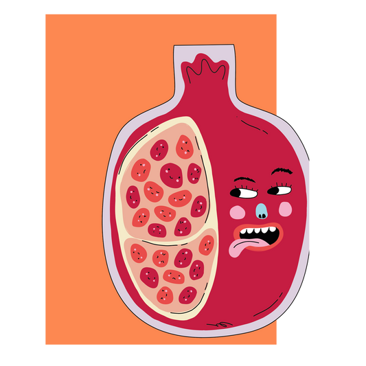 Hey Pomegranate! die-cut greeting card front, cheeky fruit character, sustainably sourced.