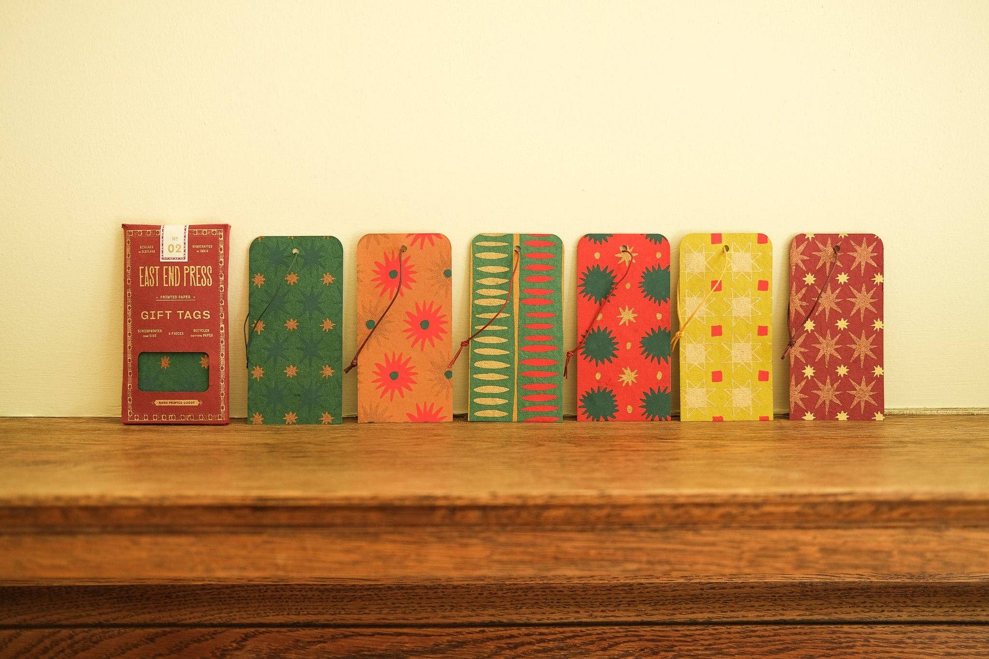 Hand screen printed Christmas Gift Tags by East End Press, recycled cotton paper, assorted festive designs