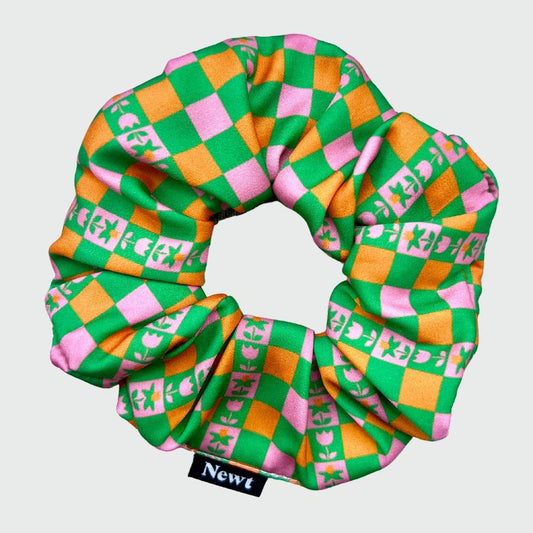 Caissa chequered hair scrunchie in green, orange and pink