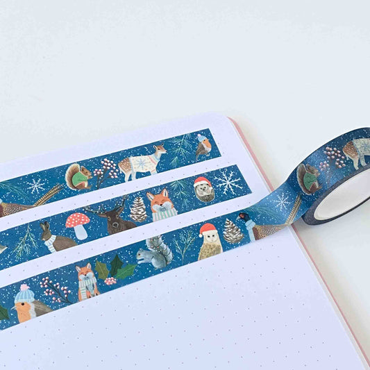 Christmas Animals Washi Tape by Sarah Frances, 15mm x 10m festive British animals in winter outfits, eco friendly craft tape for cards and scrapbooks