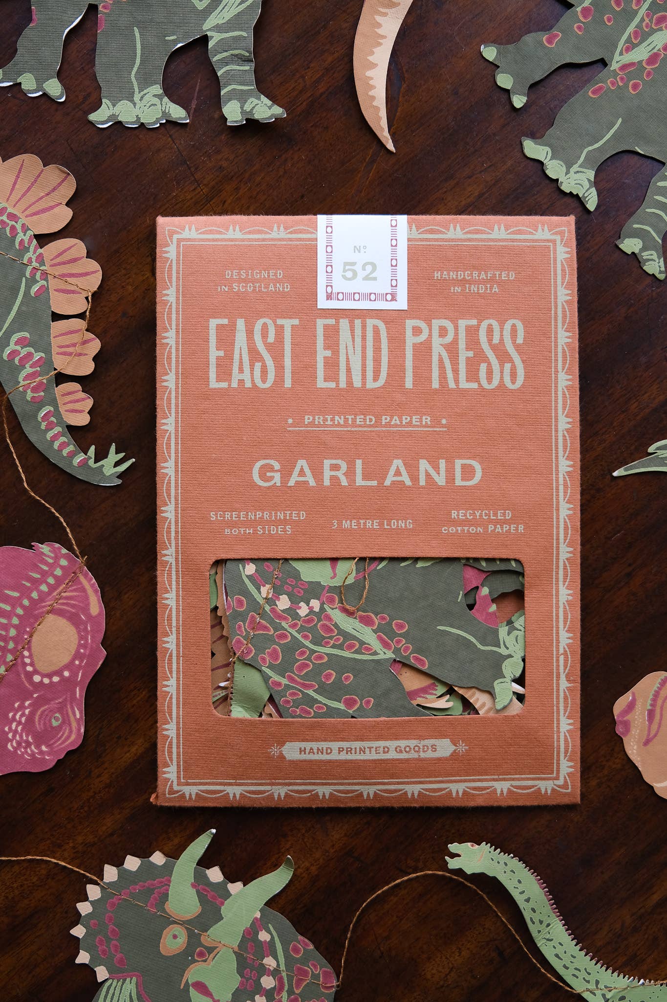East End Press Dinosaur Garland with 10 colourful hand-printed dinosaurs on recycled paper, 3 metres long