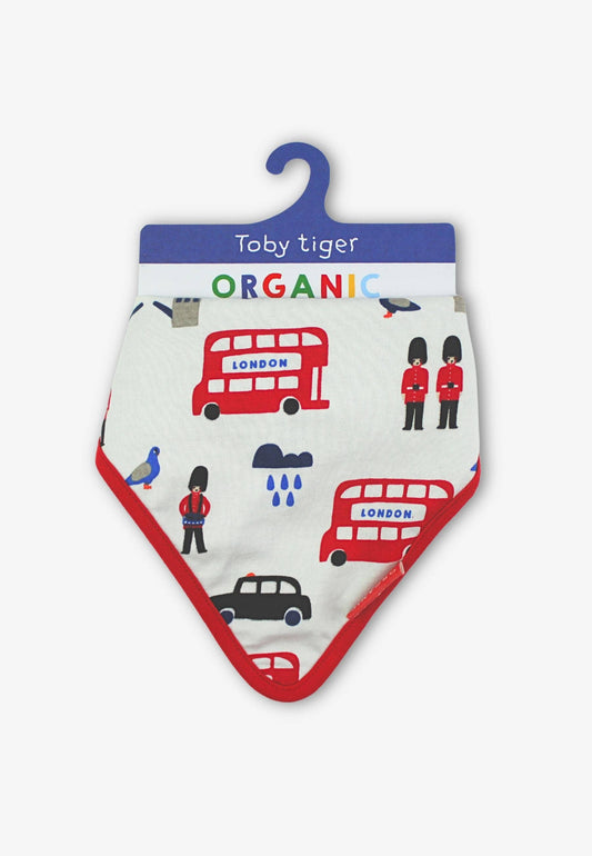 Organic London print baby dribble bib featuring black cabs and red trim