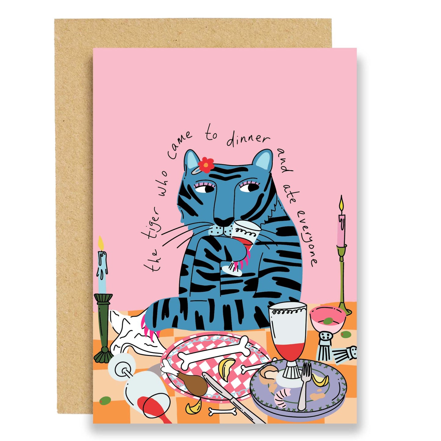 The Tiger Who Came To Dinner And Ate Everyone blank greeting card with playful tiger illustration and matching inner artwork.