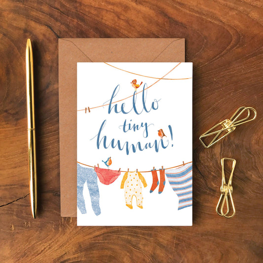 Hello Tiny Human New Baby Greeting Card with 100% recycled brown kraft envelope