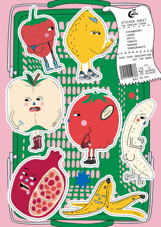 Eat the Moon The Grocery Store A5 Sticker Sheet with illustrated grocery goods