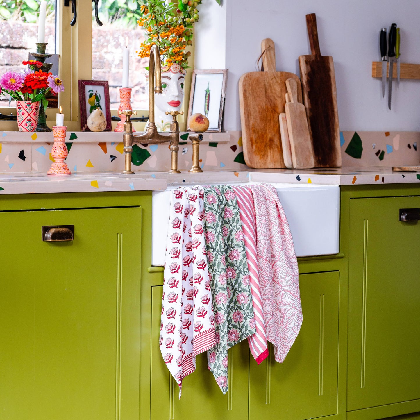Hand-printed peony design kitchen linen