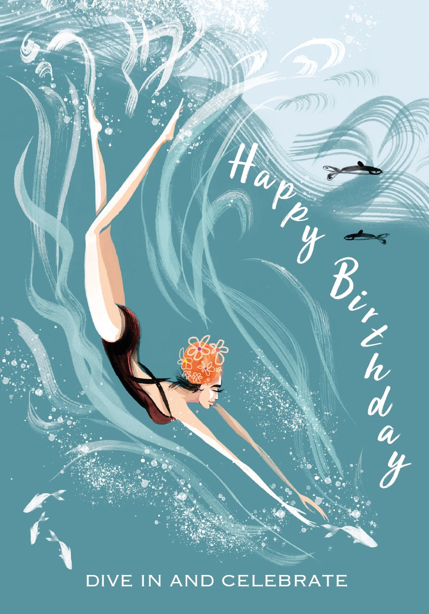 Sustainably sourced wild swimming birthday card with pale sage envelope
