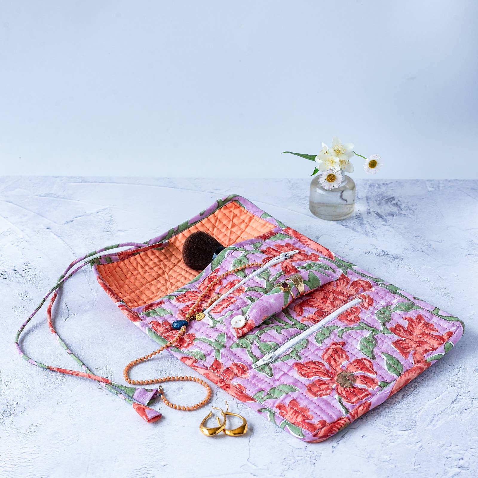 Handmade Clementine block print jewellery roll with fabric tie