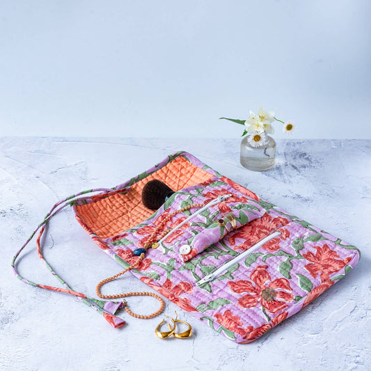 Handmade Clementine block print jewellery roll with fabric tie