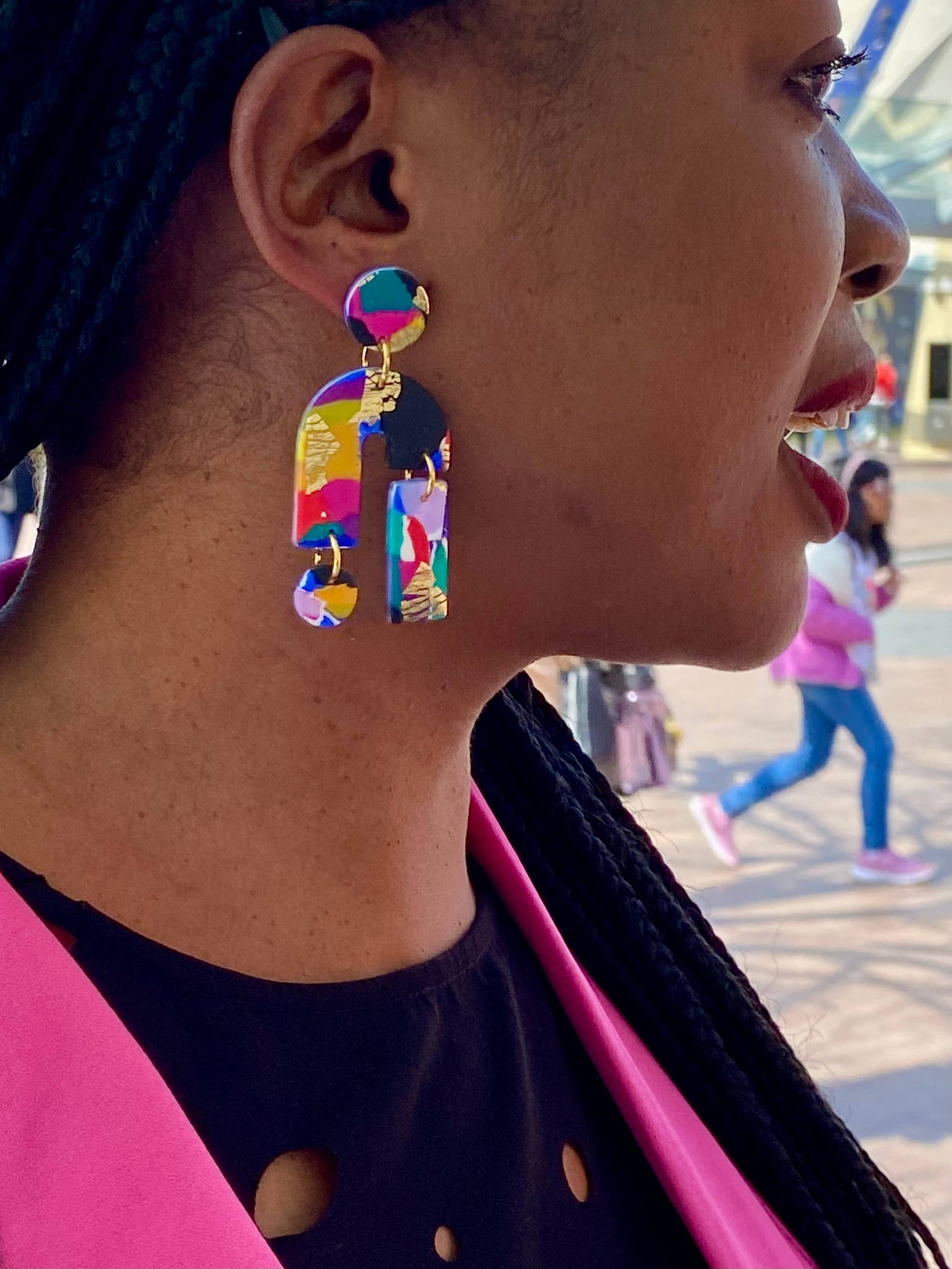 No Shrinking Violet bold polymer clay statement earrings, bright colours, gold accents, 7cm, nickel-free.