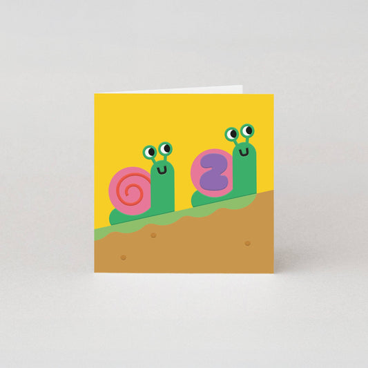 2nd Birthday Card featuring two colourful snails on a hill with embossed details