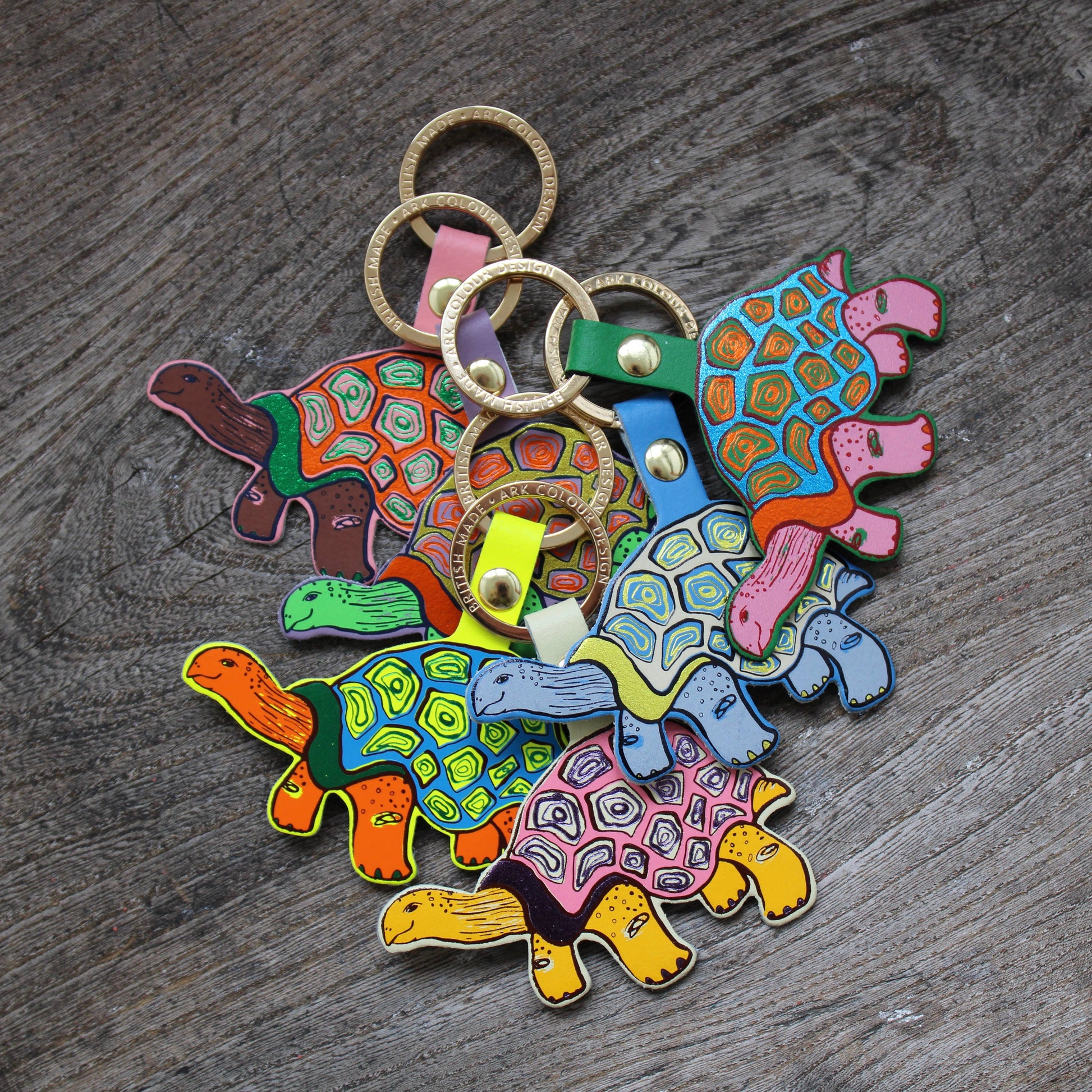 Sustainably sourced genuine leather Easy Going Tortoise key fob by Ark Colour Design with gold plated ring