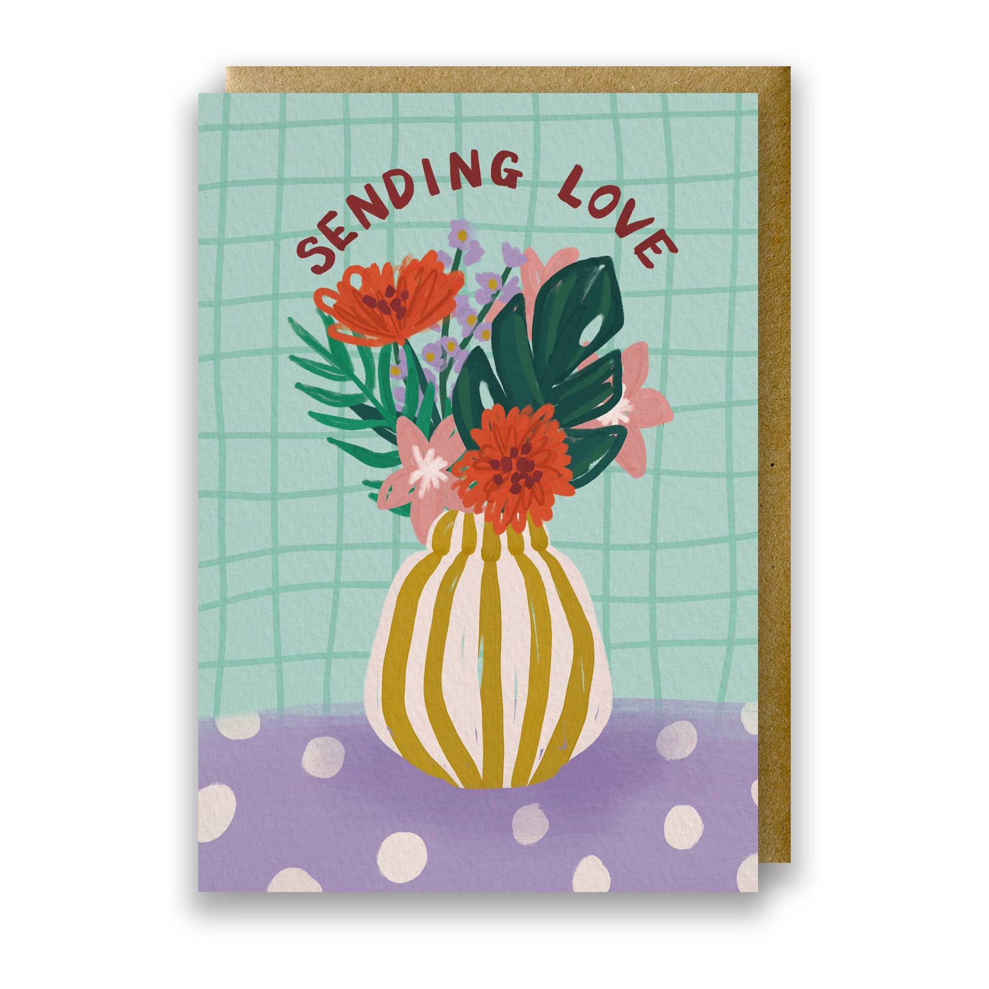 Hand drawn lettering reads 'Sending Love'. Illustrated greeting card with vase of flowers, printed onto premium textured card with a kraft envelope.