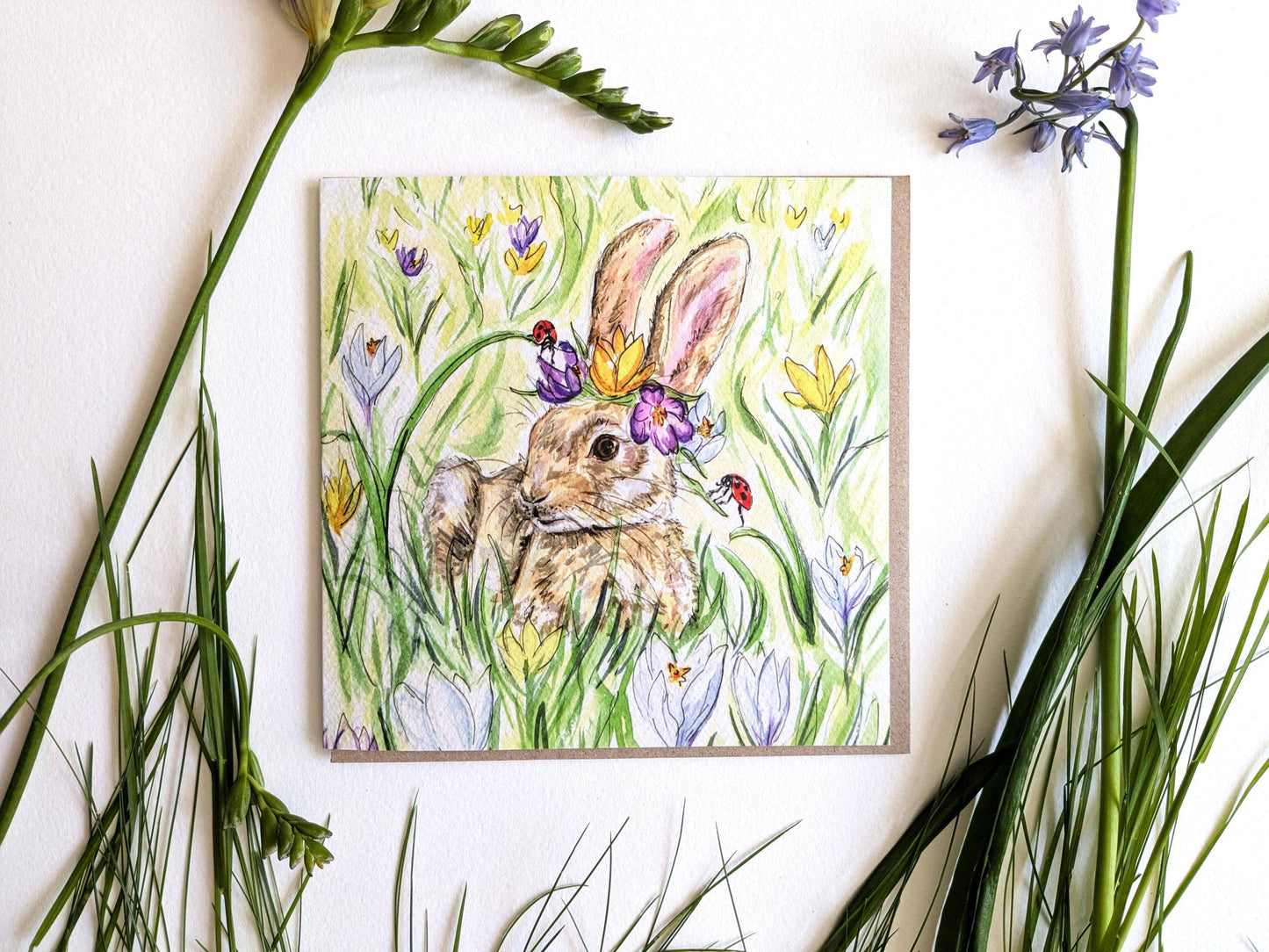 Spring Rabbit and Crocus Flowers Greeting Card with Ladybirds