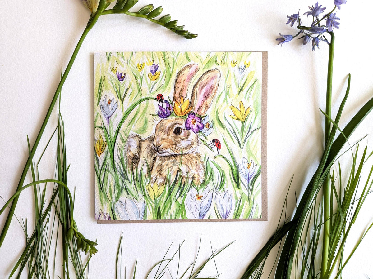 Spring Rabbit and Crocus Flowers Greeting Card with Ladybirds