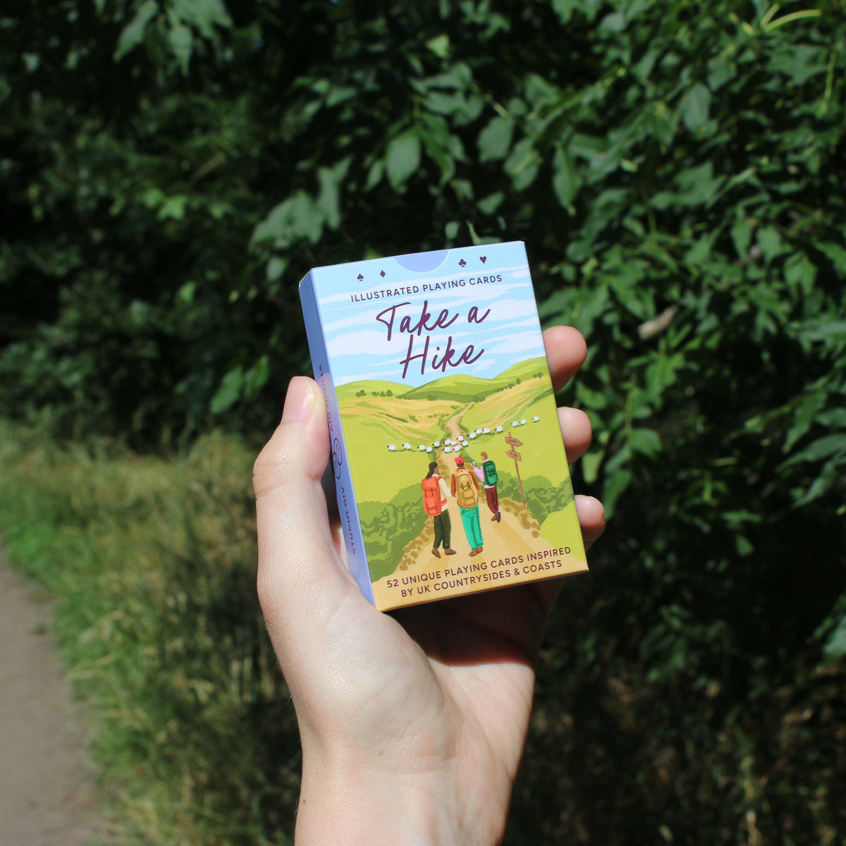 Hand-drawn UK hiking trail illustration on a playing card