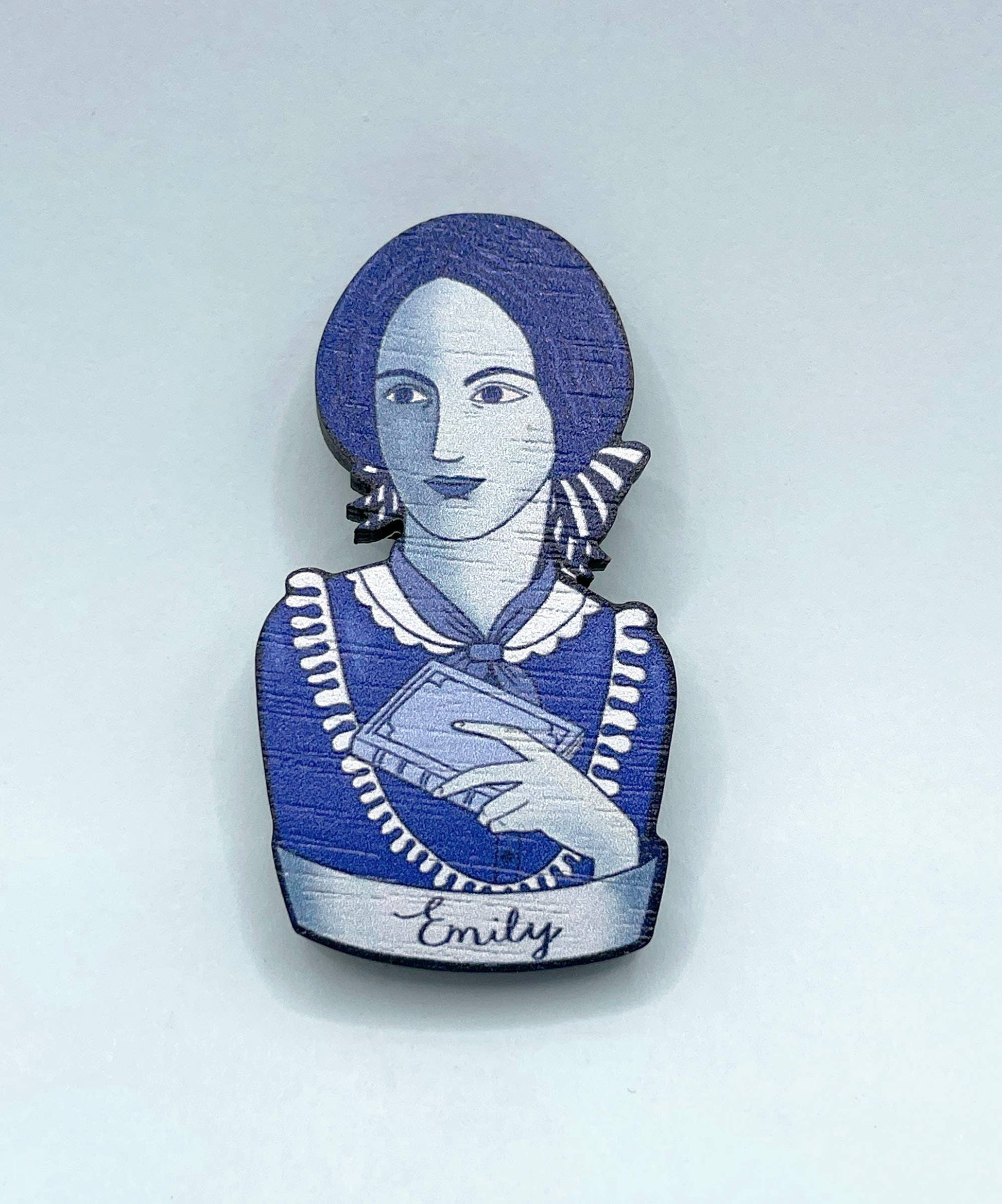 Emily Bronte Wooden Book Lovers Pin Brooch front view