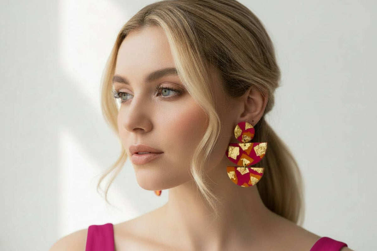 Desert Glow orange and pink handmade polymer clay stack earrings