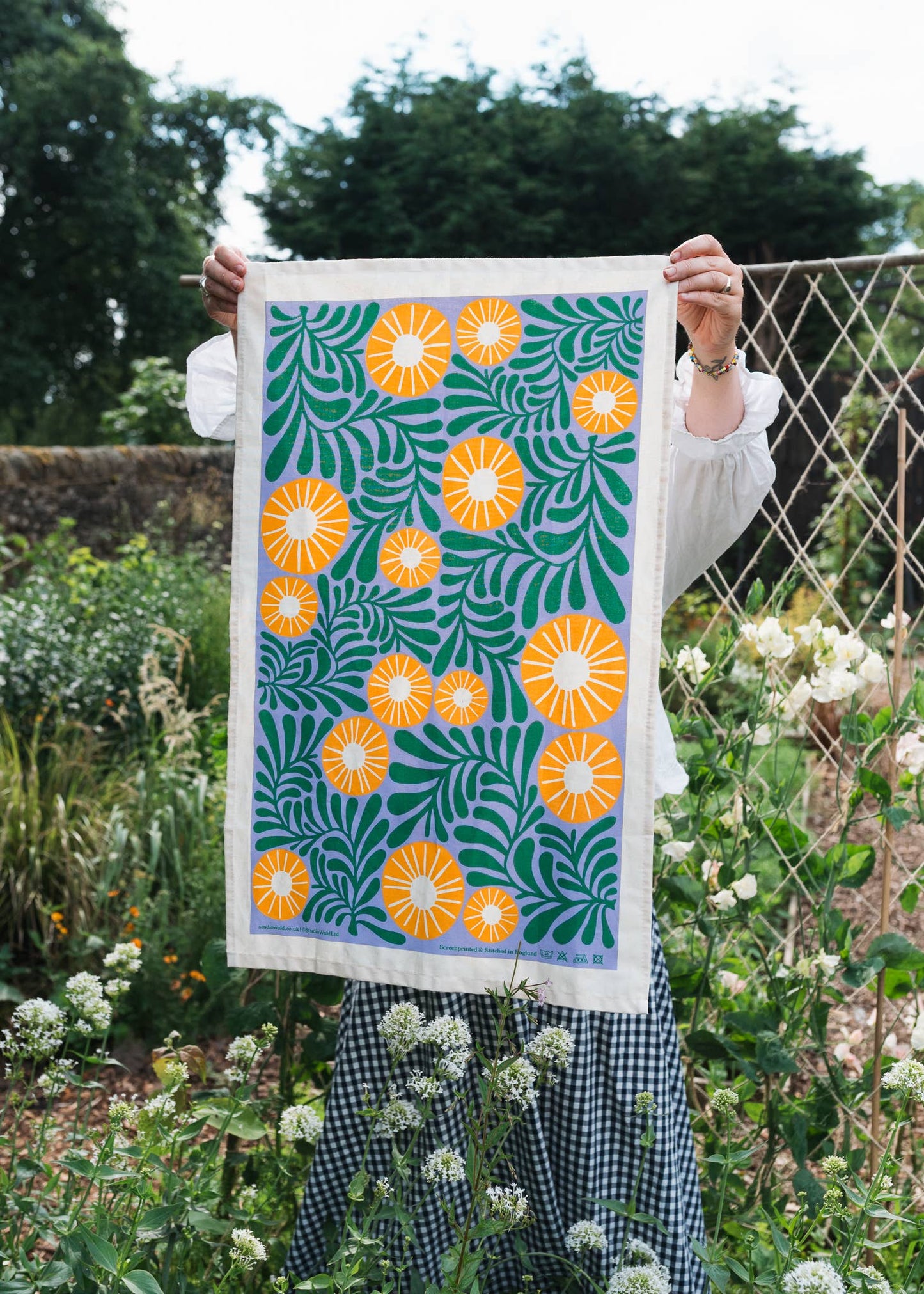 Vine floral design tea towel screenprinted on unbleached natural cotton by Studio Wald, with hanging loop.