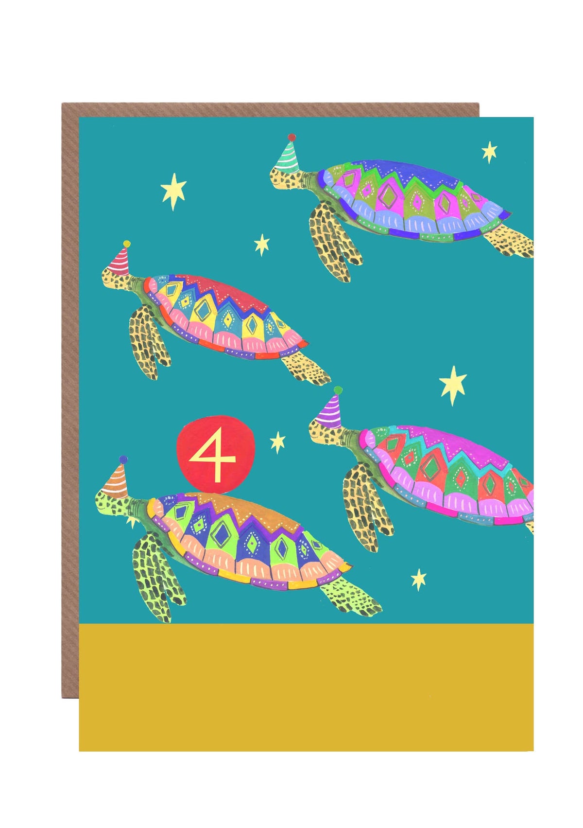 Sustainably Sourced 4th Birthday Card featuring Party Turtles