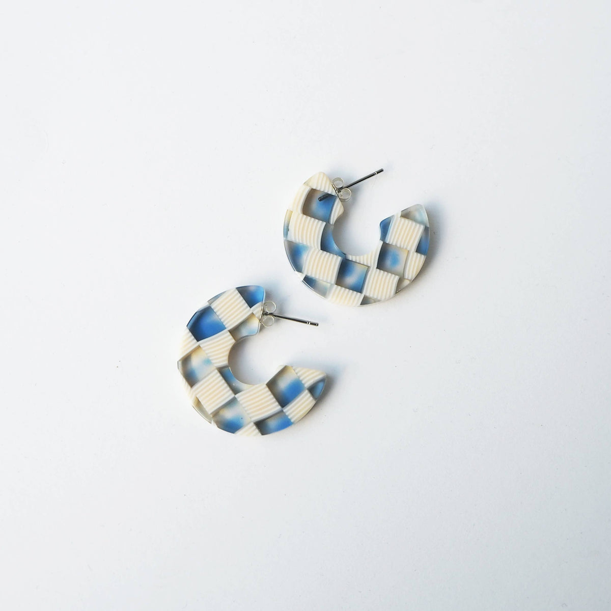 Blue and cream checkerboard acetate hoop earrings