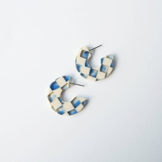 Blue and cream checkerboard acetate hoop earrings