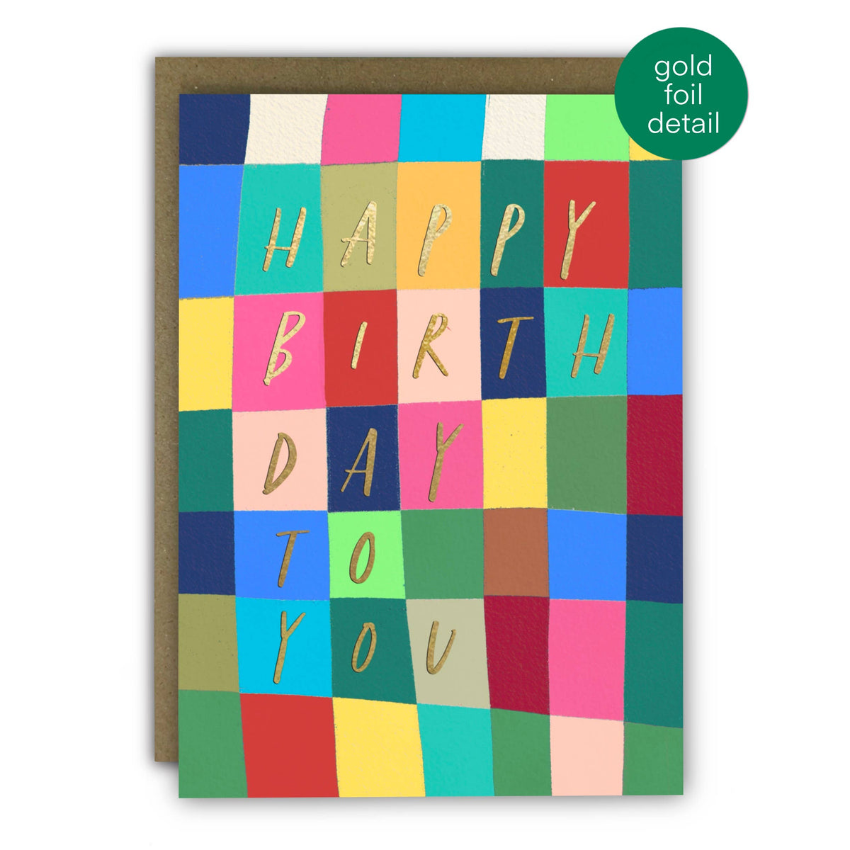 Rainbow checkerboard birthday card with gold foil details