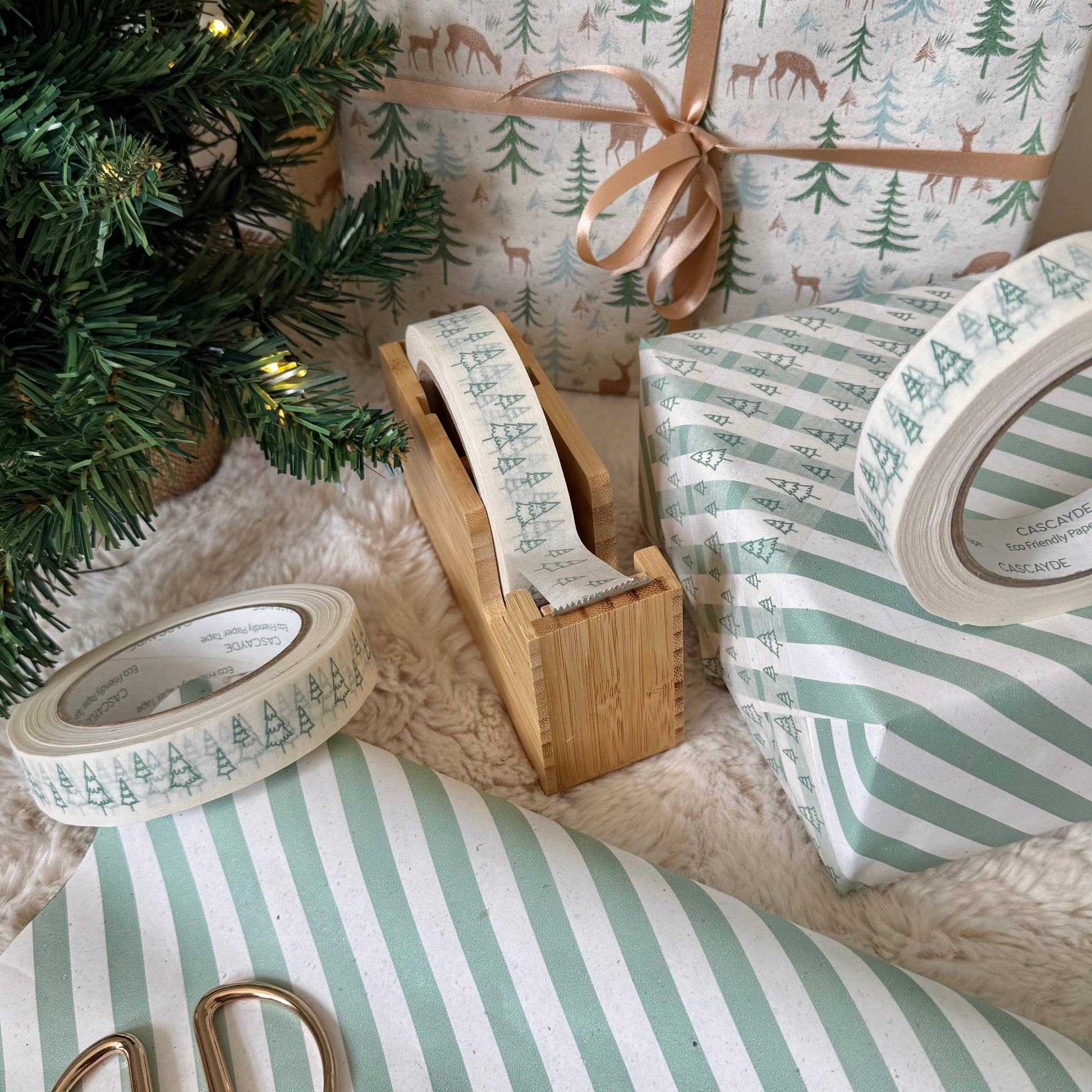 Green Christmas Tree Paper Tape on white kraft, 24mm x 50m, vegan ink, plant-based adhesive, plastic-free recyclable gift wrap tape