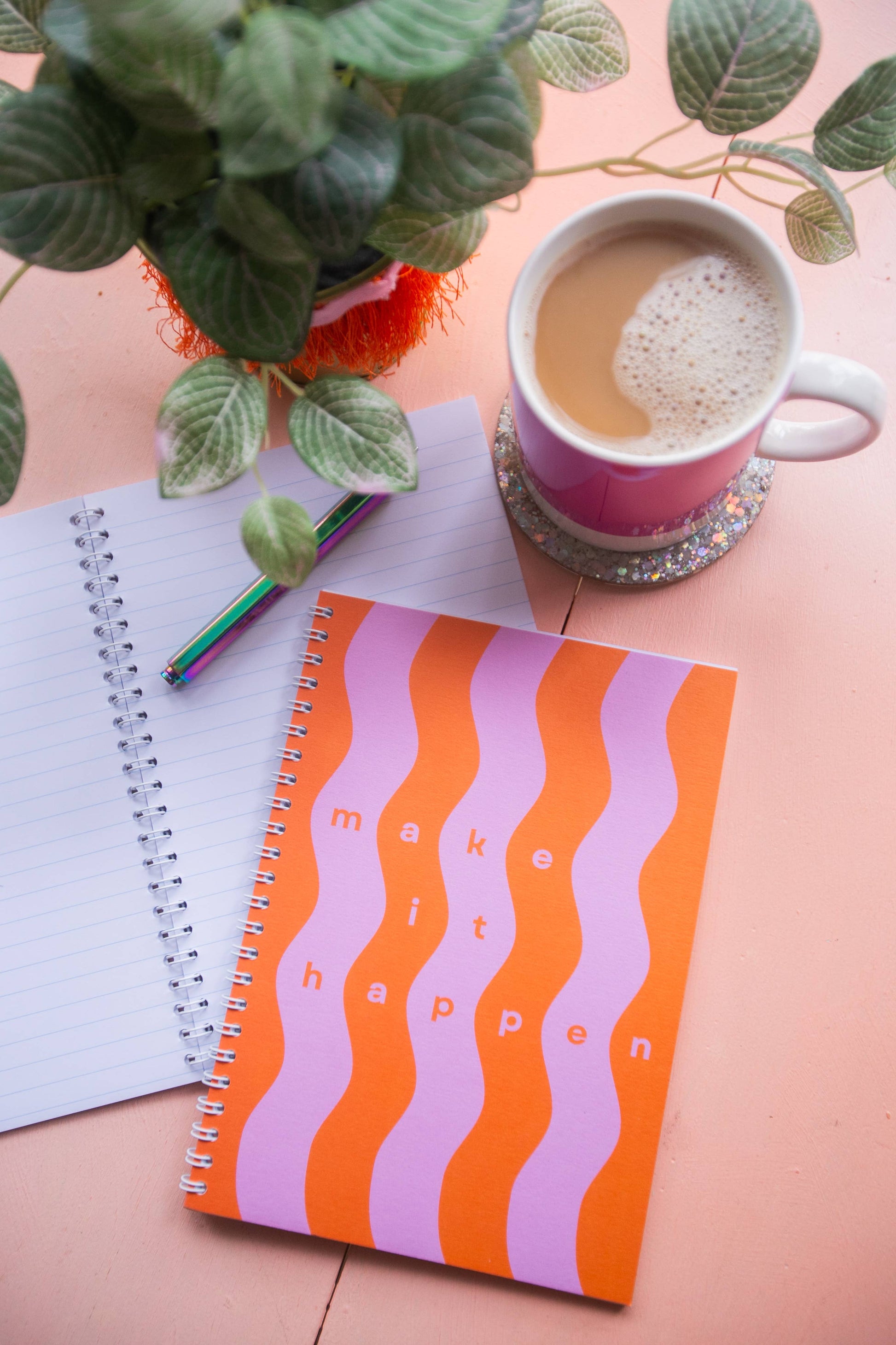 Detail of the lined pages inside the colourful A5 notebook