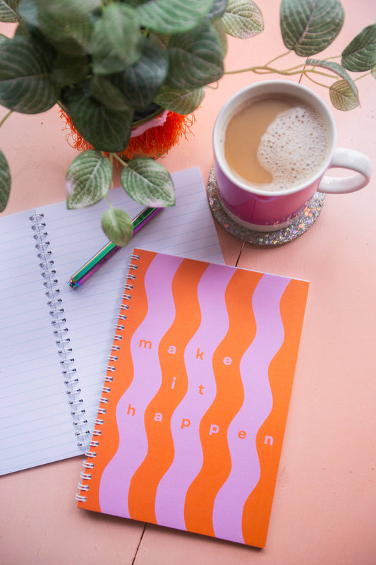 Detail of the lined pages inside the colourful A5 notebook