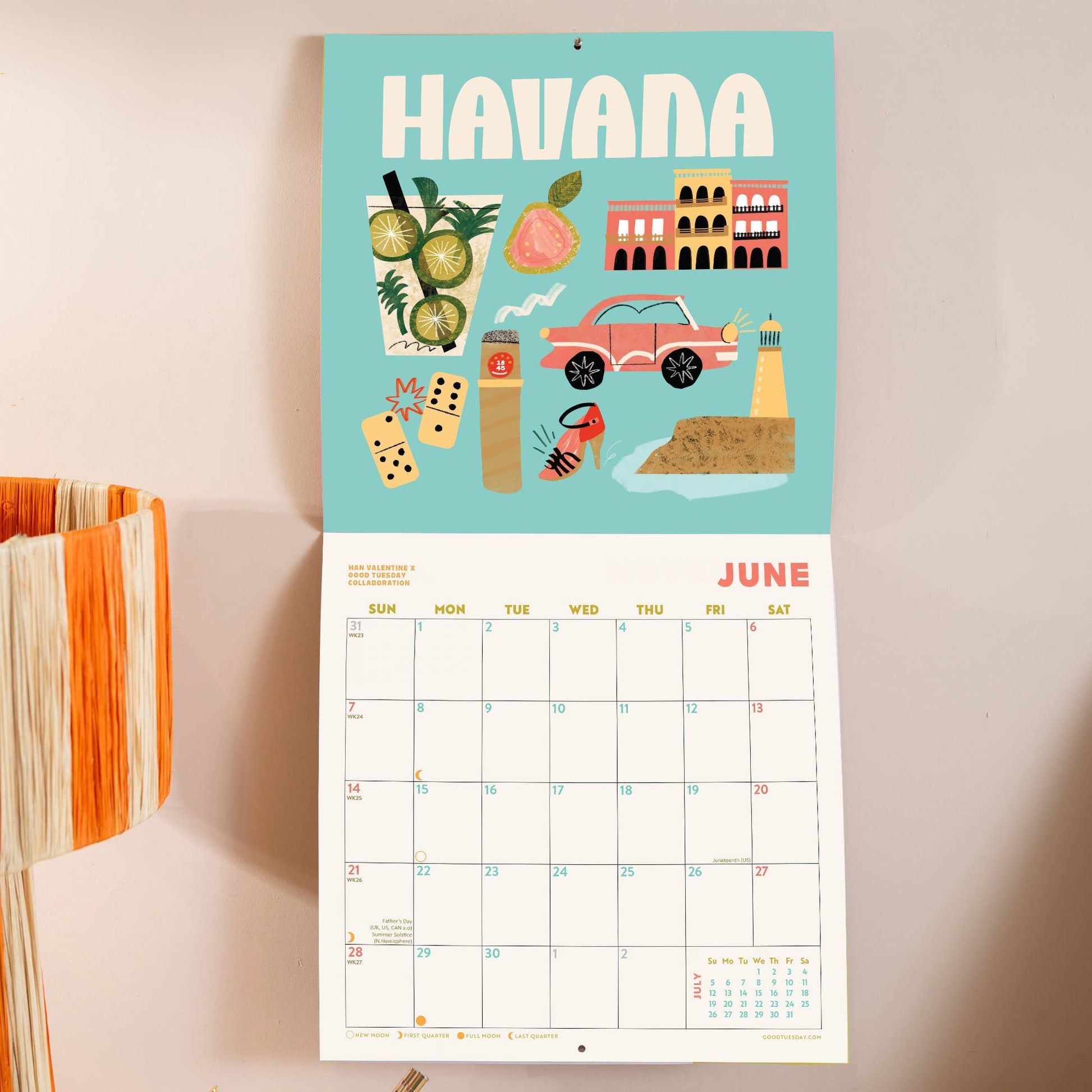 2026 Travel Wall Calendar by Good Tuesday—bold illustrated destinations by Han Valentine, retro colours, large date boxes, 100% recycled paper, UK made.