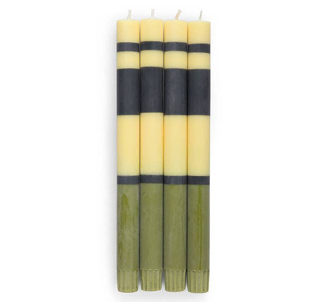 Striped Olive, Indigo & Jasmine Eco Dinner Candles by British Colour Standard, 24.5cm tall, fair trade, non-drip, 8-9 hour burn, pack of 4.