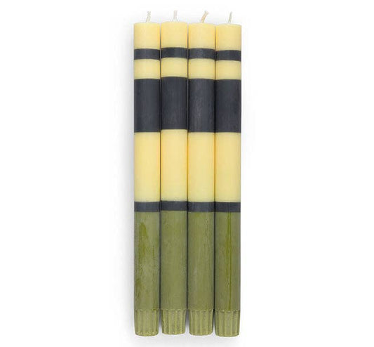 Striped Olive, Indigo & Jasmine Eco Dinner Candles by British Colour Standard, 24.5cm tall, fair trade, non-drip, 8-9 hour burn, pack of 4.