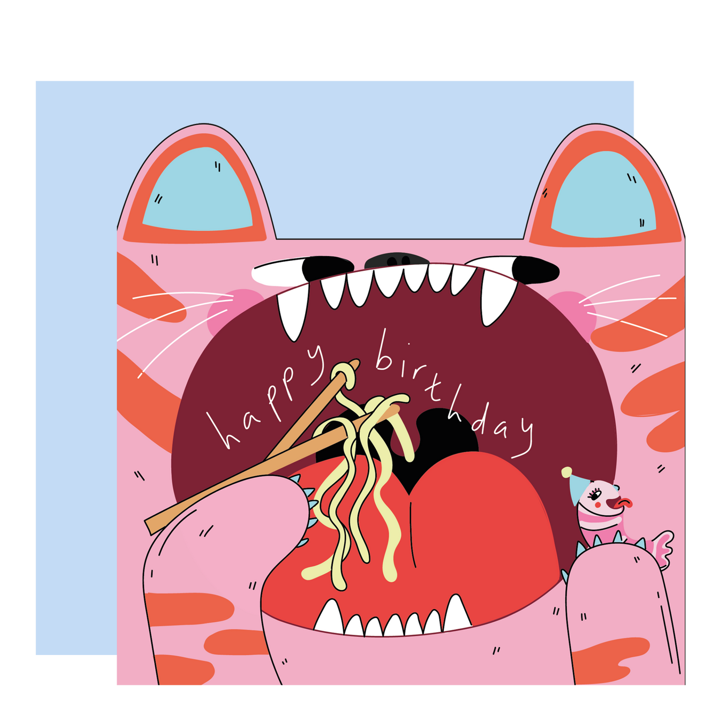Eat the Moon Tiger Eats Noodles Die Cut Kids Greeting Card front with cheeky tiger design