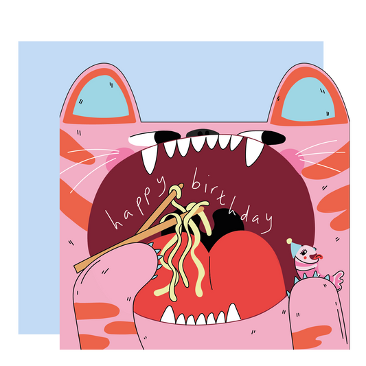 Eat the Moon Tiger Eats Noodles Die Cut Kids Greeting Card front with cheeky tiger design