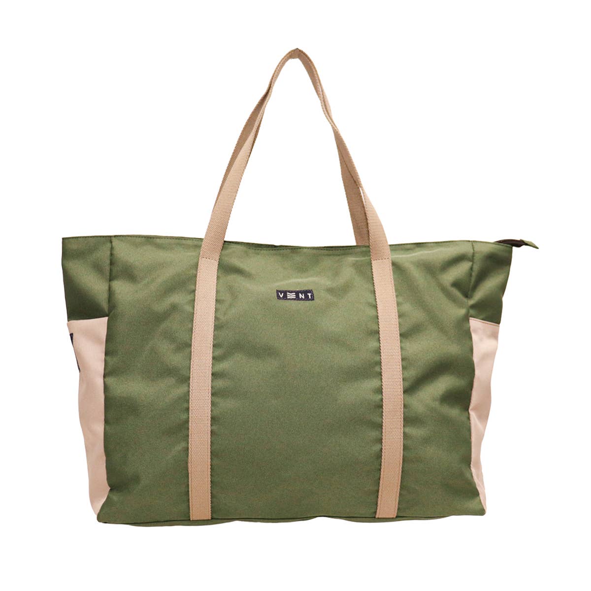 Interior view showing internal pocket and bottle pouch in green shopper