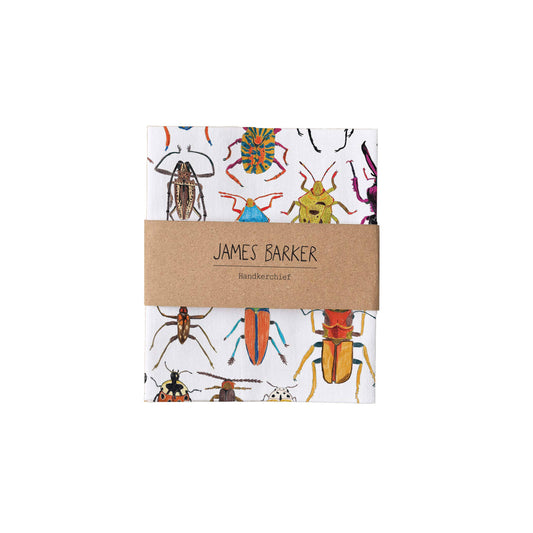 Bugs handkerchief pocket square folded, showcasing whimsical insect pattern, 35x35cm, designed by James Barker in the UK.
