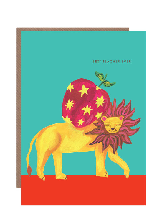 Sustainable lion teacher card close up illustration