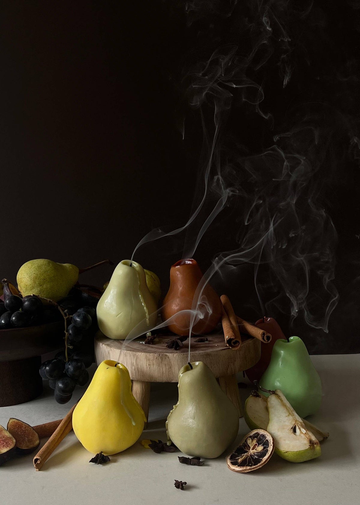 Decorative pear fruit candle close-up