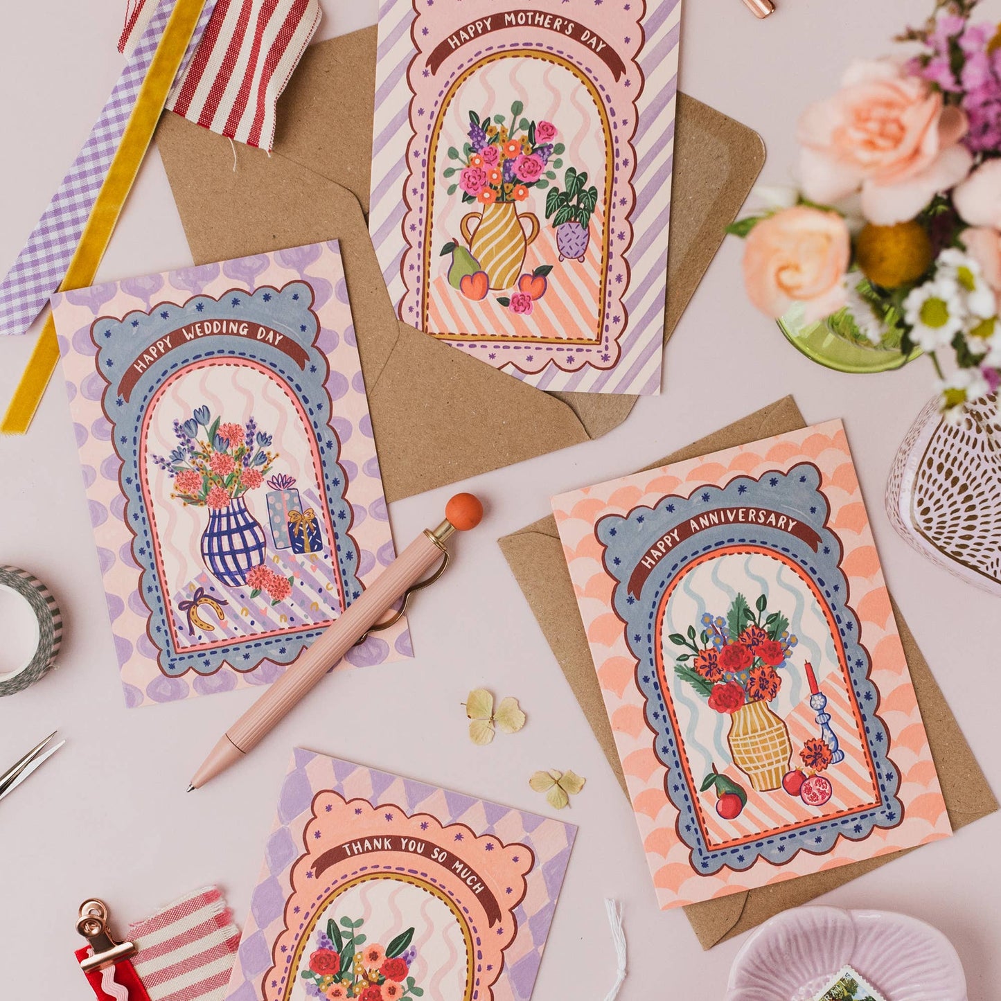 Close-up of Maximalist Pomegranate & Flower Anniversary Card textured finish