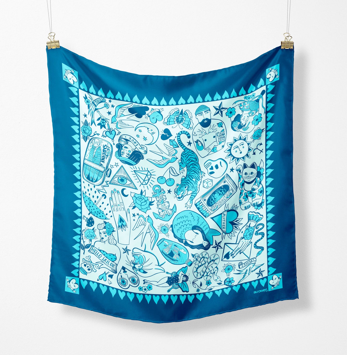 I Love Tattoos eco neckerchief pocket square by Su Owen, tattoo-inspired design printed on 100% recycled polyester eco silk twill, UK made