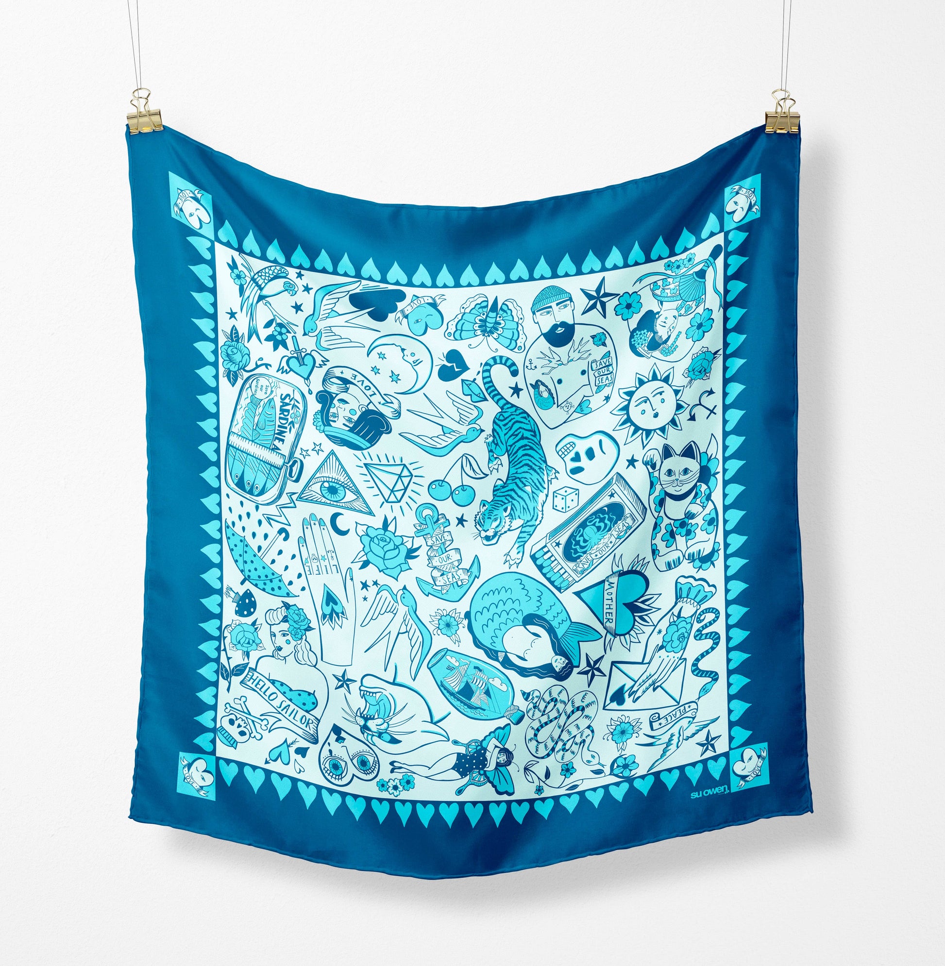 I Love Tattoos eco neckerchief pocket square by Su Owen, tattoo-inspired design printed on 100% recycled polyester eco silk twill, UK made