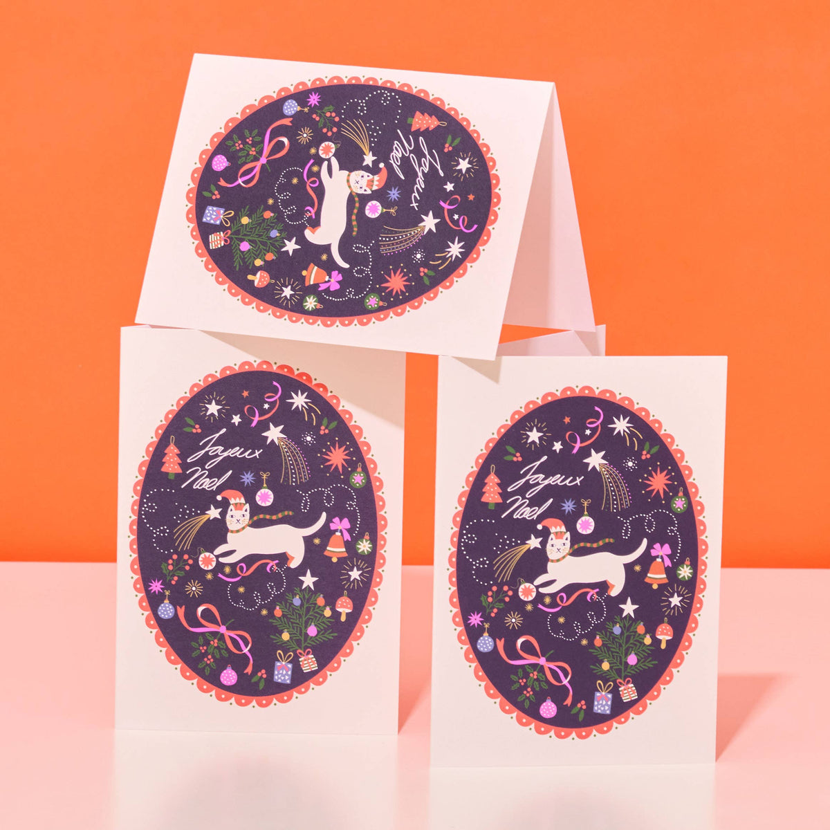 Sustainably sourced illustrated cat Christmas card in eco-friendly packaging