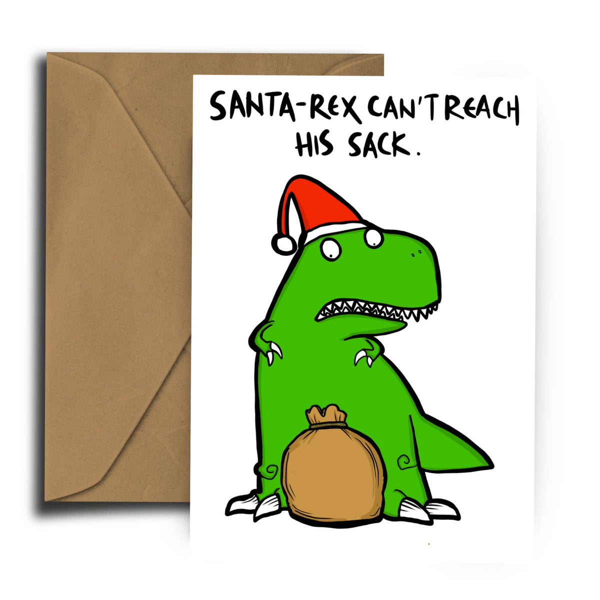 Funny Santa T-Rex Rude Christmas Card with recycled kraft envelope