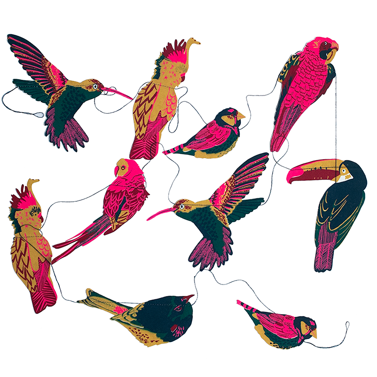 East End Press Tropical Birds Sewn Garland with 10 colourful hand-printed birds on recycled paper, 3 metres long