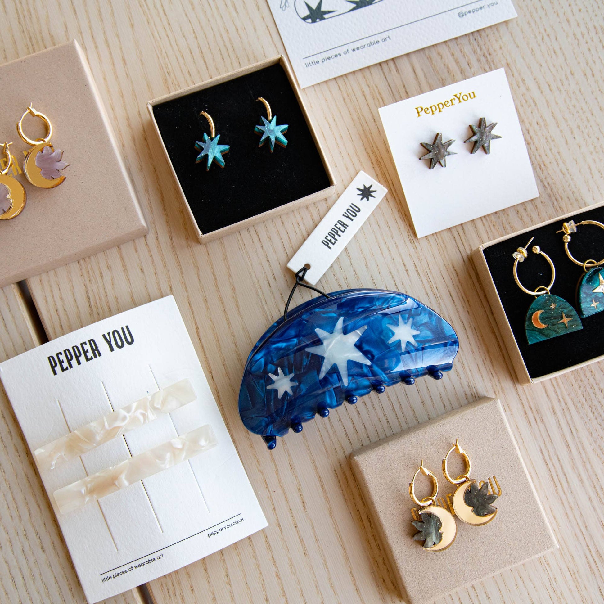 Stylish star pattern medium hair claw clip, ethical & durable, by Pepper You.