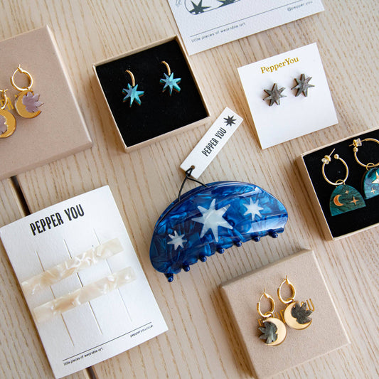 Stylish star pattern medium hair claw clip, ethical & durable, by Pepper You.