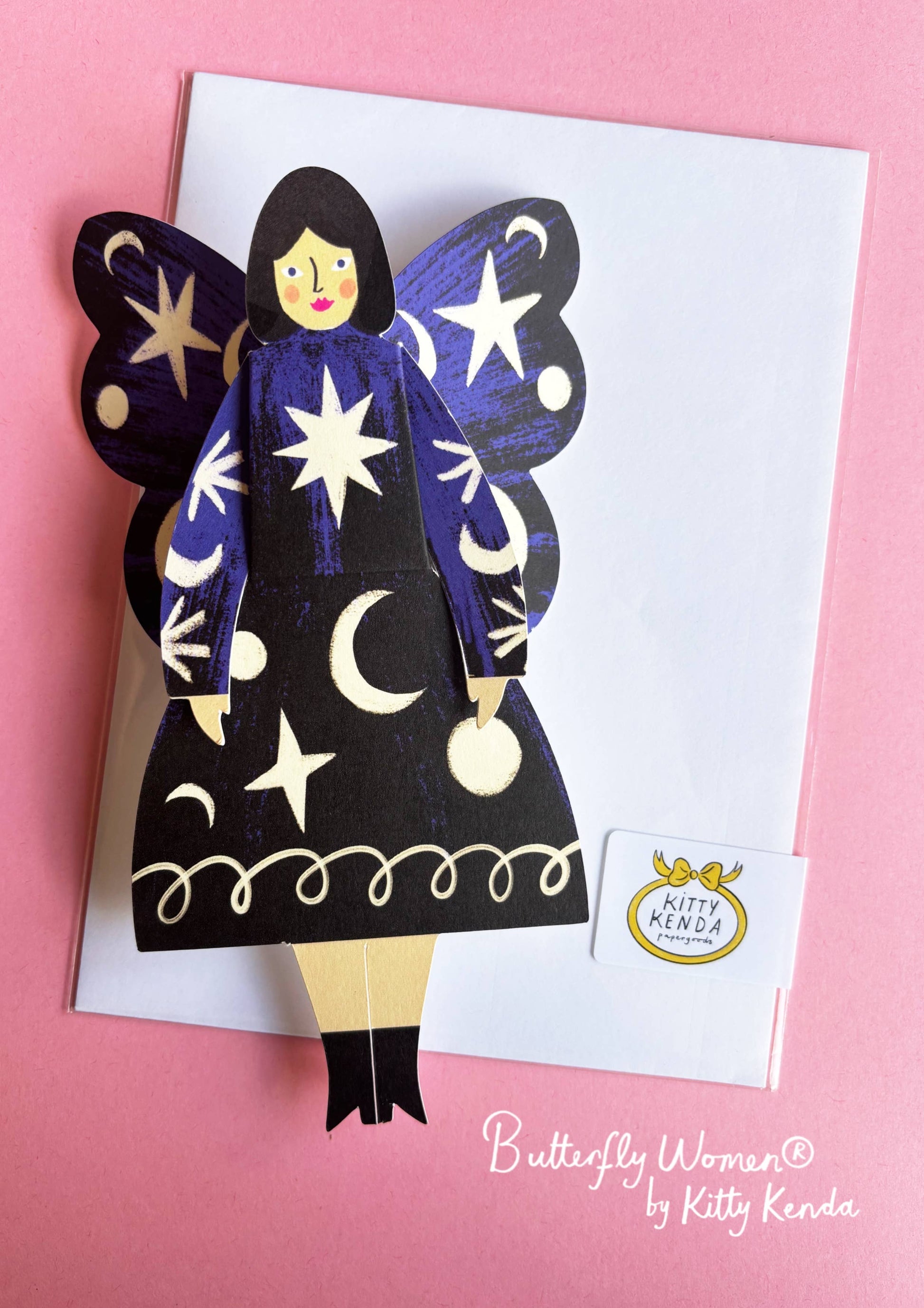 Butterfly Woman Sitting Greeting Card in Cosmic design, 3D foldable, Kitty Kenda Papergoods, UK-made